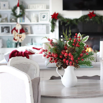 12Pcs Versatile Artificial Holly Red Berry Stems,Silk Artificial Pine Cone Picks Christmas Stems, Mini Artificial Pine Tree for Christmas Party Flower Wreaths Winter Holiday Decorations