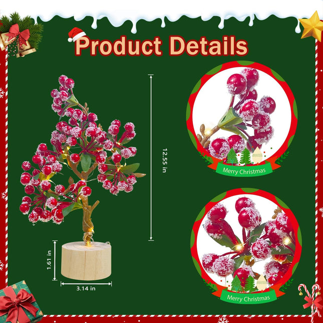12" Tabletop Mini Christmas Red Berries Tree with Light, Artificial Small Christmas Berry Tree for Xmas Decorations Home Decor (Red)