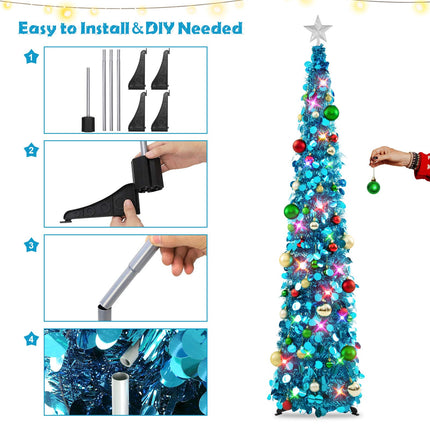 N&T NIETING Christmas Tree, 6ft Collapsible Pop Up Blue Tinsel Christmas Tree with 40pcs Ball Ornaments, Coastal Christmas Tree for Holiday Xmas Decorations Home Display