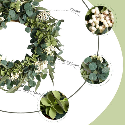 TEMPUS 20-inch Artificial Eucalyptus Leaf Wreath Spring Summer Green Leaves Wreath Front Door Wall Hanging Window Decoration Porch Farmhouse Patio Garden Decor Party Holiday Wedding Decoration