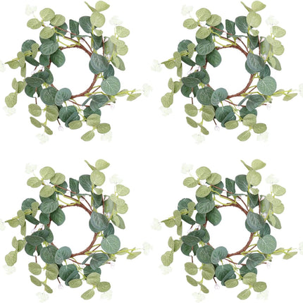 4pcs Pillar Candle Rings Wreaths, Artificial Eucalyptus Leaves Mini Wreaths Greenery Boho Candleholders, Rustic Farmhouse Decorative Wreath for Easter Christmas Wedding Home Table Decor(Green)