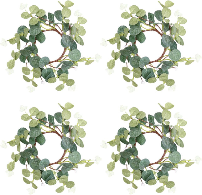4pcs Pillar Candle Rings Wreaths, Artificial Eucalyptus Leaves Mini Wreaths Greenery Boho Candleholders, Rustic Farmhouse Decorative Wreath for Easter Christmas Wedding Home Table Decor(Green)