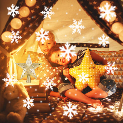 DG-Direct Christmas Tree Topper Lighted Star [Gold],3D Hollow Sparkling Star Christmas Tree Topper with Rotating Magic Cool White Snowflake Projector for Christmas Tree Ornament (Gold)