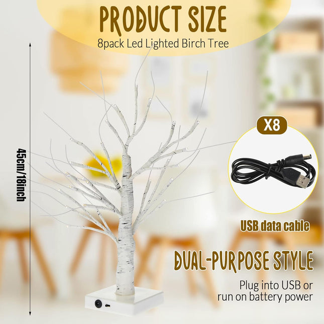 Macarrie 8 Pcs Christmas Tree Decorations 18 Inch Lighted Birch Tabletop Tree LED Winter Decor Small Artificial Light up DIY Women Wedding Battery Powered or USB Twinkling Fairy Branch(White)