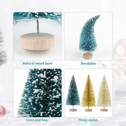 30PCS Artificial Frosted Sisal Mini Christmas Trees, Bottle Brush Trees with Wood Base Snow Frost Tree Artificial Winter Mini Pine for Christmas Decor Home Table Top Decoration and Crafts