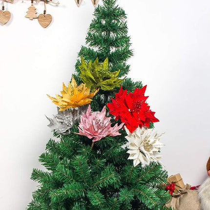 6pcs Silk Poinsettias Artificial Christmas Flowers Glitter Poinsettia Christmas Tree Ornaments Artificial Wedding Christmas Tree Flower Wreath Decorations Picks White