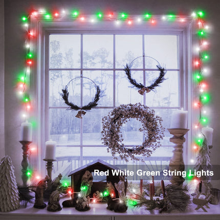 Red White Green Christmas String Lights Battery Operated, 2 Pack 100 LED String Lights 33Ft Clear Wire with Timer 8 Modes Outdoor Indoor Novelty Lights for Home Xmas Tree Garland Holiday Decoration