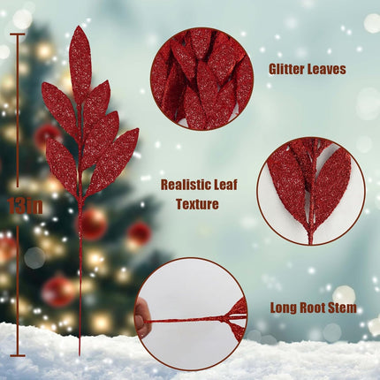Krissing 60 pcs Christmas Glittered Red Leaves, 13" Artificial Glitter Christmas Tree Branches and Sprays for DIY Wreath Christmas Tree Decorations