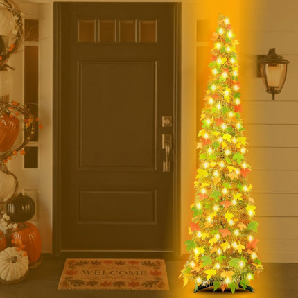 [ Timer ] 6Ft Lighted Fall Pop Up Tree - Artificial Fall Tinel Maple Tree with 100 Warm Lights, Battery Operated Collapsible Pencil Tinsel Fall Trees for Autum Harvest Thanksgiving Porch Home Decor