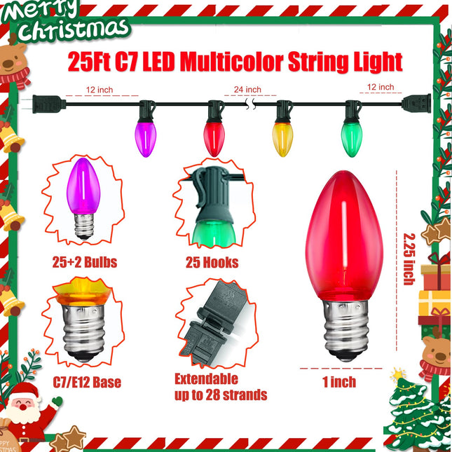 C7 LED Christmas Lights Outdoor, 25FT LED Multicolor Christmas String Lights with 27 Clear Multicolor Bulbs, Hanging Outdoor Christmas Decorations Outdoor Lights for Christmas Tree Patio Garden Yard
