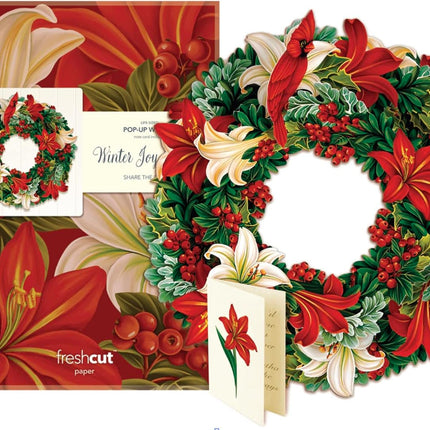 FreshCut Paper Pop Up Wreath, 15 inch Floral Paper Wreath, Reuseable Faux Flower Party Decoration & Indoor Wreath & Home Décor, 3D Popup Wreath with Blank Card, Winter Joy Wreath
