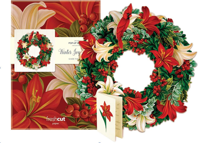 FreshCut Paper Pop Up Wreath, 15 inch Floral Paper Wreath, Reuseable Faux Flower Party Decoration & Indoor Wreath & Home Décor, 3D Popup Wreath with Blank Card, Winter Joy Wreath