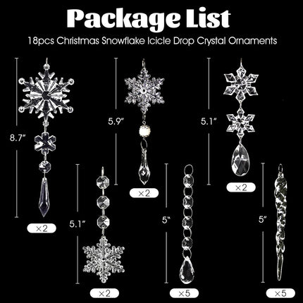 18 Pcs Crystal Snowflake Ornaments and Icicle Ornaments for Christmas Tree, Hanging Acrylic Snowflake and Icicle Ornaments for Christmas Winter Year Party and Home Decorations
