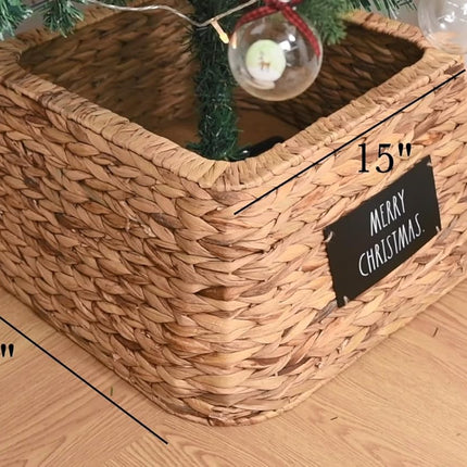 Rae Dunn Christmas Tree Collar - Base Decoration to Cover Artificial Christmas Tree Stand - Rustic & Farmhouse Holiday Decorations (Woven Square - Merry Christmas)