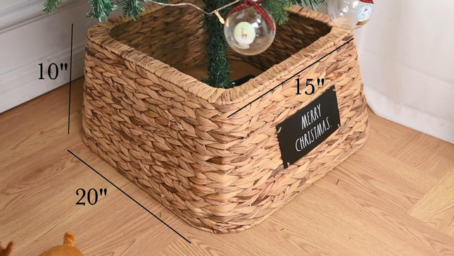 Rae Dunn Christmas Tree Collar - Base Decoration to Cover Artificial Christmas Tree Stand - Rustic & Farmhouse Holiday Decorations (Woven Square - Merry Christmas)