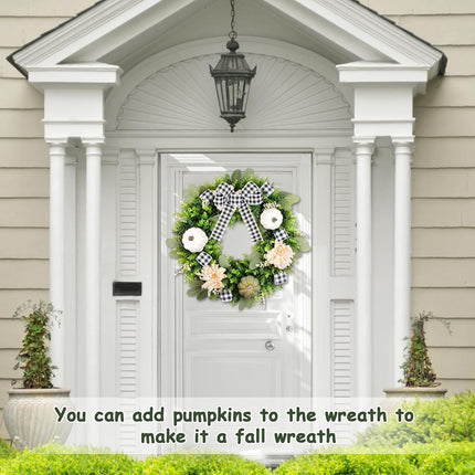 24" Faux Round Boxwood Wreath, Vlorart Artificial Boxwood Wreath Front Door Wreaths Artificial Spring Summer Greenery Hanging with A Plaid Bow and sash for Front Door Wall Hanging Window Wedding Decor