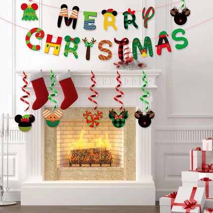 Christmas Mouse Themed Hanging Decoration - Merry Christmas Banner, 20Pcs Foil Swirls, Ceiling Hanging Swirls Letter Banner Garland for Winter Happy Xmas Party Favor Supplies Decor Holiday
