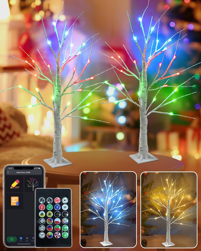 2FT Smart Lighted Birch Tree for Christmas Decorations Indoor, DIY Color Changing LED Tree for Table Decor Chasing Effect App Control, Fairy Lights Spirit Tree Lamp Timer for Home, USB Operated (2PK)