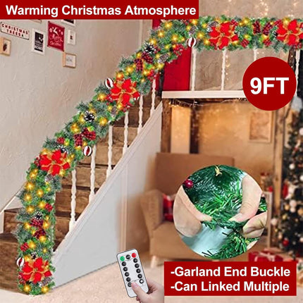 Remote Control - 9 Ft by 10 Inch Christmas Garland with 50 LED Lights Timer 8 Mode 300 Thick Snowy Tips 18 Pinecones 198 Berries 5 Poinsettia 4 Balls Battery Operated Outdoor Cedar Garland Xmas Decor