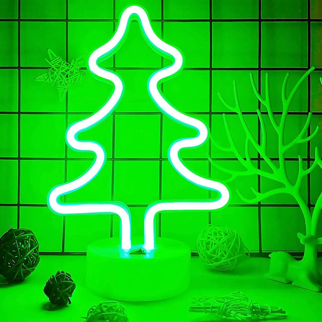 Neon Christmas Tree Light, Battery/USB Powered Green Christmas Neon Sign with Base, Christmas Room Decor