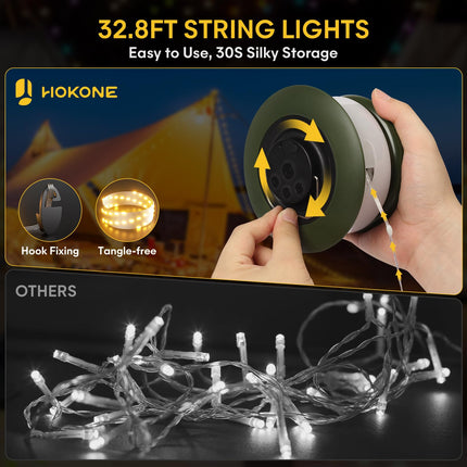 Hokone Camping String Lights,Rechargeable Camping Lights String with 4 Lighting Modes,Waterproof LED Hanging Camping Tent Light,USB String Lights Outdoor for Halloween,Christmas(1-Pack)