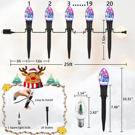 Christmas Pathway Lights Outdoor, 25Ft 20 Led C9 Christmas Lights with 20 Stakes, Waterproof Connectable Christmas Walkway Lights for Sidewalk, Yard, Garden, Lawn, Outdoor Christmas Decorations