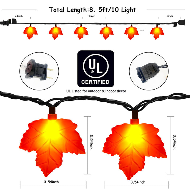 Abeja Orange Maple Leaf String Lights, 8.5FT Fall Decor Garland Maple Leaf Lights, Lighted Garland for Thanksgiving Christmas Halloween Decor, Indoor Outdoor Decorations