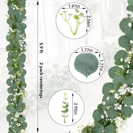 CQURE 8Pcs Eucalyptus Garland,Artificial Eucalyptus Leaves Table Greenery Garland Wreath Vines for Wedding Party Table Bedroom Wall Decor