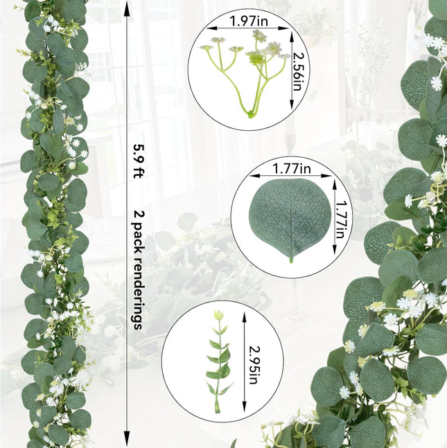 CQURE 8Pcs Eucalyptus Garland,Artificial Eucalyptus Leaves Table Greenery Garland Wreath Vines for Wedding Party Table Bedroom Wall Decor