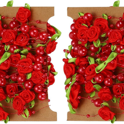 PATIKIL Rose Pearl String Beads, 2 Pcs 16.4 Ft Artificial Pearl Wire Garland for Christmas Party DIY Craft Home Wedding Decorative, Red