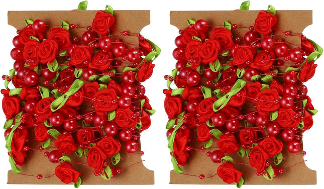 PATIKIL Rose Pearl String Beads, 2 Pcs 16.4 Ft Artificial Pearl Wire Garland for Christmas Party DIY Craft Home Wedding Decorative, Red
