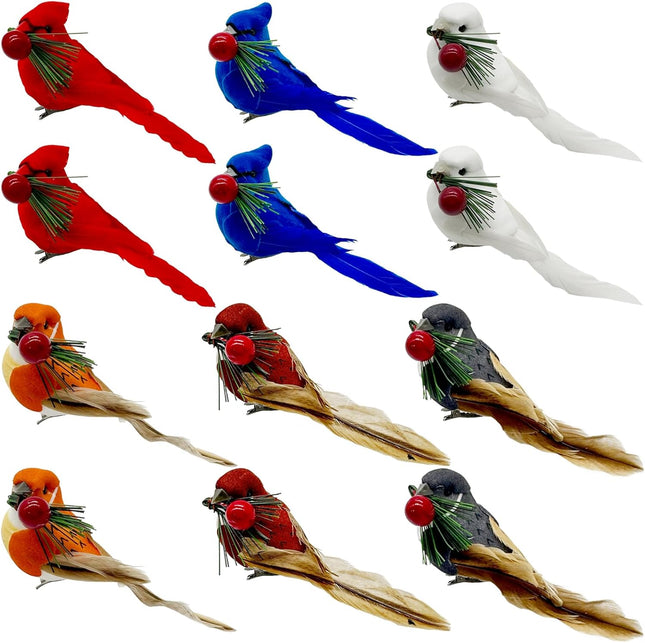 LWINGFLYER 12PCS Christmas Tree Ornaments Clip on Birds Artificial Feathered Foam Birds with Red Berries for Christmas Tree Decoration Wreath Crafts Home Decor