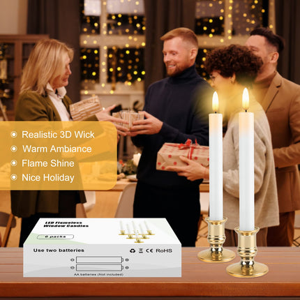 Christmas Window Candles, 6 Pack Lvory Flameless Taper Candles Flickering with Remote, Window Candles Battery Operated with Timer, 3D Wick, 6 Candle Holders & 6 Suction Cups - Christmas Decorations