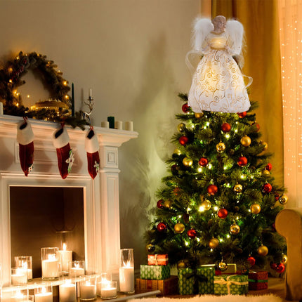 Christmas Angel Tree Topper with LED Light, 14" Angel Treetop Figurine with Dress, Feather Wings, and 10 Lights for Indoor and Outdoor Holiday Decoration, Xmas Home Ornaments - Gold