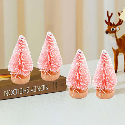 24Pcs Christmas Decorations Mini Christmas Trees, Artificial Christmas Tree Bottle Brush Trees with Wooden Base for Christmas Decor Christmas Party Home Table Craft-Pink