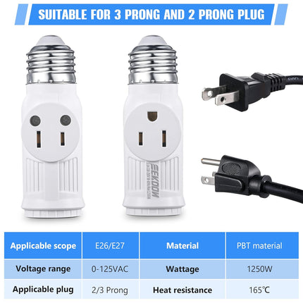 Feekoon 1 Pcs 3 Prong Light Socket Adapter, E26 Light Bulb Outlet Adapter, Polarized Light Socket to Plug Adapter, Light Bulb to 2/3 Prong Outlet Plug Splitter Converter for Garage Porch (White)