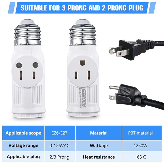 Feekoon 1 Pcs 3 Prong Light Socket Adapter, E26 Light Bulb Outlet Adapter, Polarized Light Socket to Plug Adapter, Light Bulb to 2/3 Prong Outlet Plug Splitter Converter for Garage Porch (White)