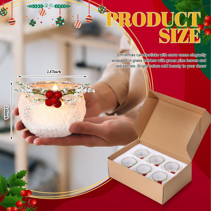 6 Pcs Christmas Votive Candle Holders with Snowy and Red Berry Pine Leaves Xmas Glass Tealight Candle Holders for Table Centerpiece Fireplace Home Ornaments Wedding Party Indoor Decorations