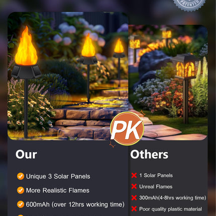 Solar Christmas Lights Outdoor with 3 Solar Panels, d Solar Torch Lights with Flickering Flame（More Real） IP65 Waterproof Christmas Decorations (8 Pack)