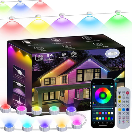 Honche Permanent Outdoor Lights Christmas Lights Outdoor Permanent Christmas Lights Multicolor Warm White Color Changing 213 Modes Waterproof Music Sync Timer Dimmable (54ft with 36 Lights)