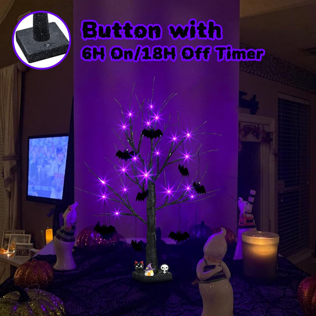 PEIDUO Halloween Decorations, 2FT Black Halloween Tree with 24 Purple Lights and 8 Bat Ornaments, Light up Halloween Decorations with Timer for Indoor Home Desk Table Decor Battery Powered