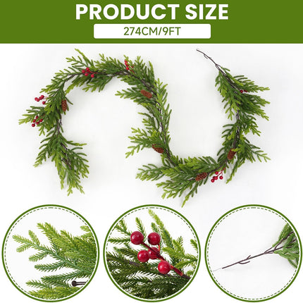 Christmas Norfolk Pine Garland,9Ft Real Touch Norfolk Pine Garland, Artificial Pine Greenery Christmas Garlands for Table Fireplace Wall Home Indoor Outdoor Decoration