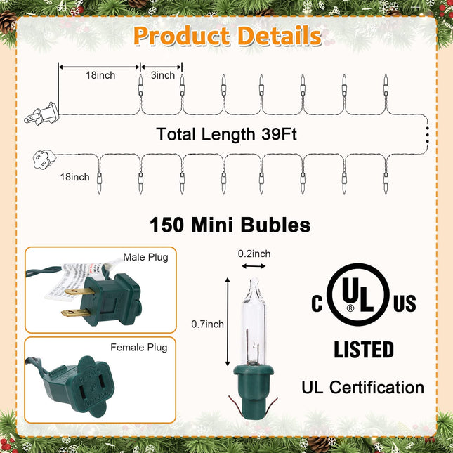 450 Counts 117Ft Christmas Lights-3Sets of 150 Mini Lights 39 Ft String Lights with Replace Fuse and Bulb-Waterproof Connectable, Indoor Outdoor Christmas Decoration(Warm White)