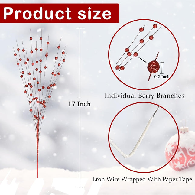 20 PCS Red Glitter Christmas Picks for Vases DIY Wreath Home Decor, Artificial Glitter Berry Stems Ornaments Fake Xmas Decorative Sticks (Red)