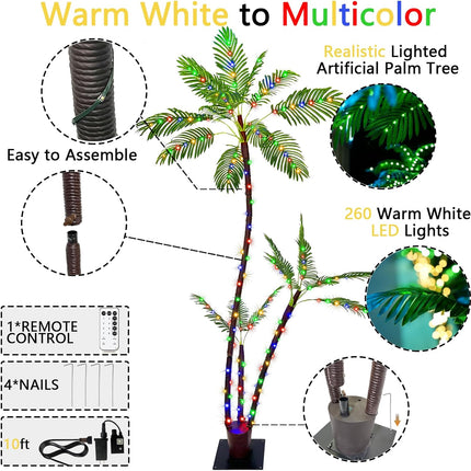 6FT Lighted Artificial Palm Tree with Three Trunks and 260 LED Lights with Remote Control and App Waterproof for Tiki Bars, Patios,Beaches,Yards Pool, Cruise Party-Warm White to Multicolor