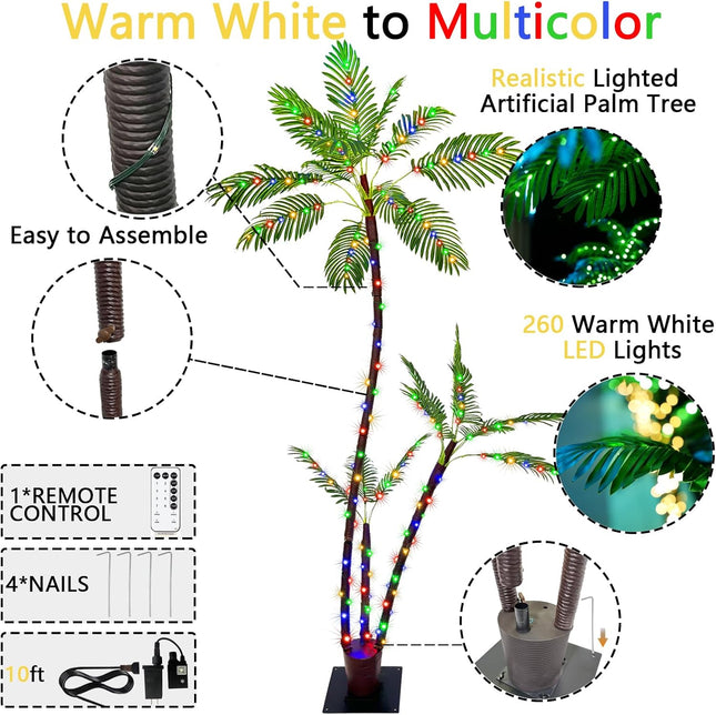 6FT Lighted Artificial Palm Tree with Three Trunks and 260 LED Lights with Remote Control and App Waterproof for Tiki Bars, Patios,Beaches,Yards Pool, Cruise Party-Warm White to Multicolor