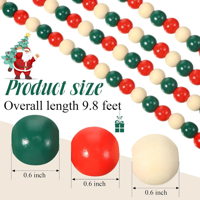 9.8ft Christmas Wood Bead Garland with Tassels, Xmas Wooden Bead Garlands Wooden Classical Green and Red Garland with Jute Rope Rustic Farmhouse Bead Natural Wood Beads Wall Hanging Decoration