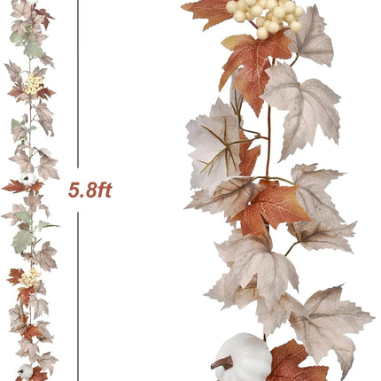 Artiflr 2 Pack Fall Garland Maple Leaf, Hanging Vine Garland Artificial Autumn Foliage Garland with White Pumpkins Thanksgiving Decor for Home Fireplace Party Christmas (White - 2 Pack)