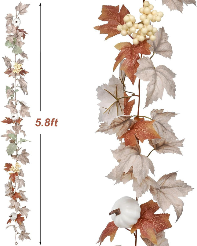 Artiflr 2 Pack Fall Garland Maple Leaf, Hanging Vine Garland Artificial Autumn Foliage Garland with White Pumpkins Thanksgiving Decor for Home Fireplace Party Christmas (White - 2 Pack)