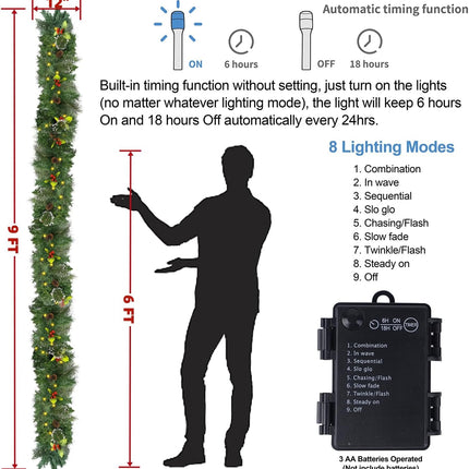 Juegoal 9ft Prelit Christmas Garland, Artificial Xmas Greenery Garland with 50 Warm White LED Lights, Battery Operated & Timer, Lighted for Indoor Outdoor Holiday Year Winter Garden Gate Home